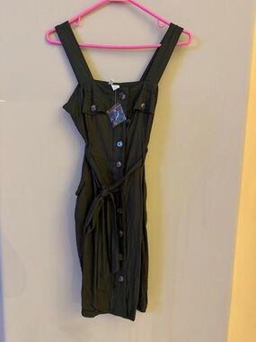 Black Button-Front Midi Dress with Tie Waist